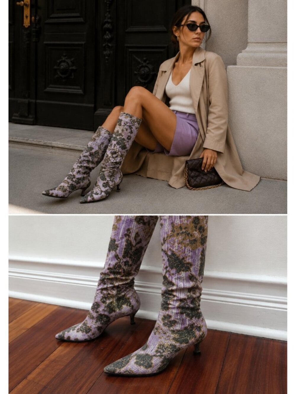 Just Cavalli Women's Floral Stretch Knee High Boots Pointed Toe Kitten Heel 7.5